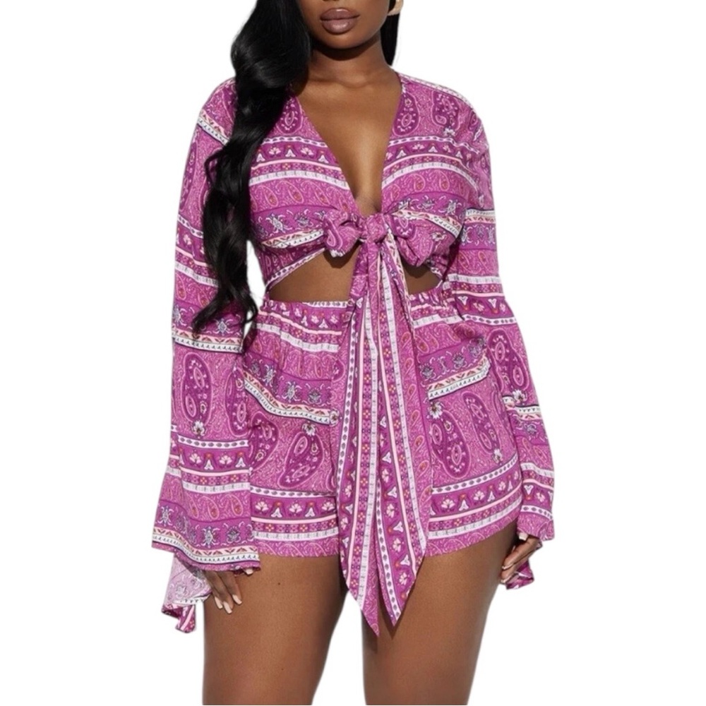 NWT Fashion Nova Naida Romper Magenta Paisley Bell Sleeve Tie Front Small Boho